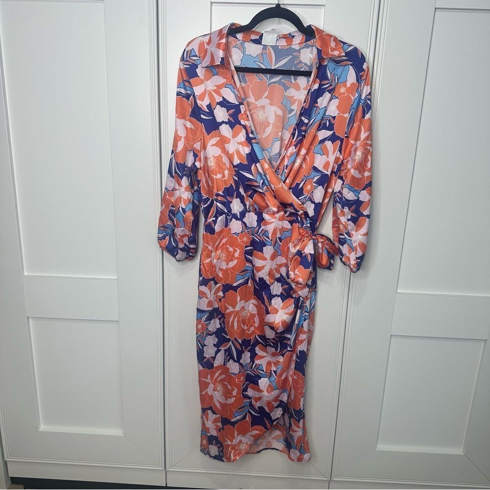 NAIF Large Floral Dress faux wrap in Blue and Orange (b1)